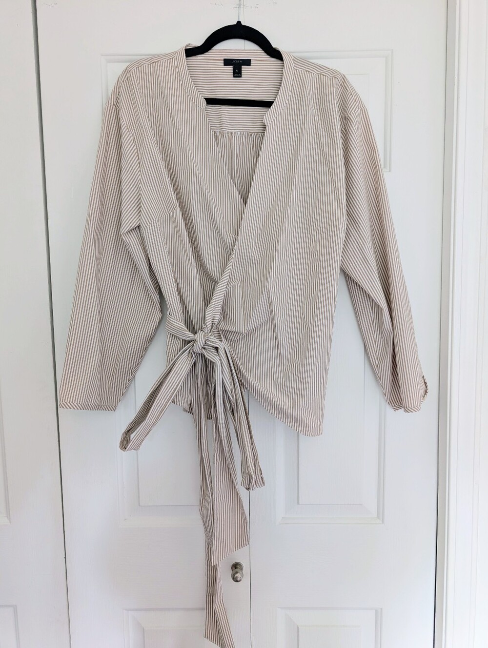 J. Crew Tan and White Striped Wrap Blouse